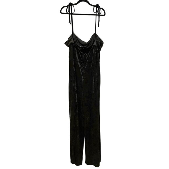 EUC Anthropologie Bellevue Tie Strap Black Crushed Velvet Wide Leg Jumpsuit - Picture 6 of 11